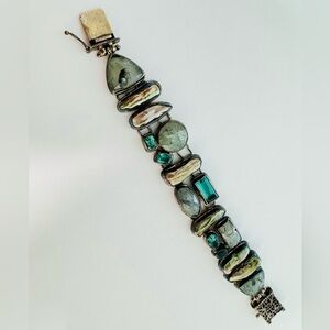 Vintage 925 Silver Gemstone Bracelet Green Rutilated Quartz Beryl Rice Pearls